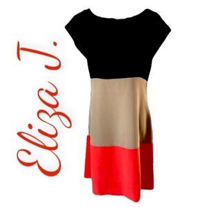 Eliza J 100% Silk Royal Collection Color Blocked Shift Dress in Navy,‎ Tan, 8